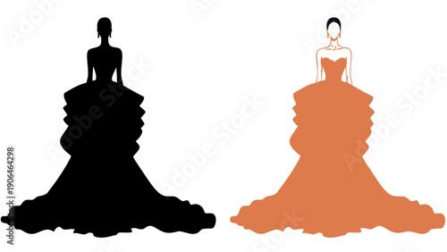 A woman in an elegant orange ball gown standing next to her silhouette