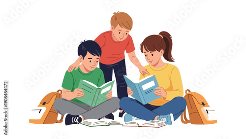 Three children sitting together reading books on the floor with backpacks