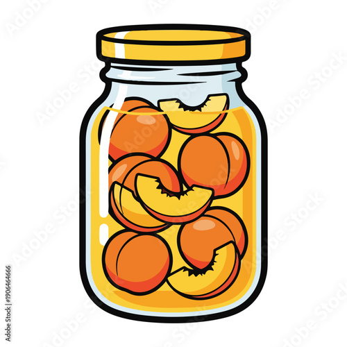 A colorful jar filled with sliced peaches