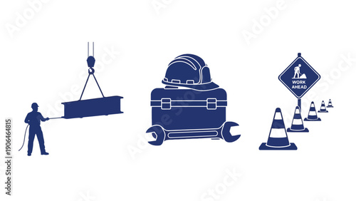 A construction worker lifting a heavy object with a crane on a worksite with traffic cones and a road sign