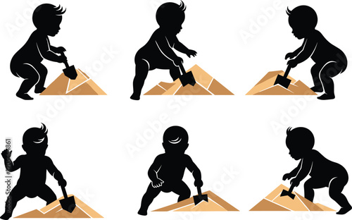 Baby silhouette digging sand with shovel, infant sandbox play concept, toddler exploration activity, early childhood motor skill development, isolated child illustration