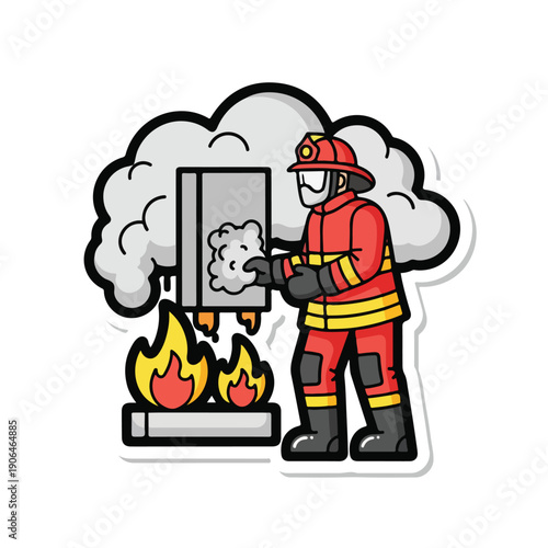 A firefighter extinguishing a burning computer