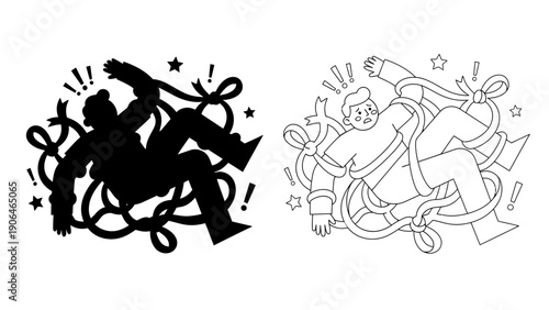 A cartoon man is tangled in ribbons and exclamation marks in a fun illustration