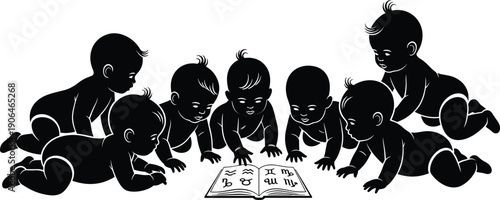 Baby silhouette learning together, infant group activity, early childhood education concept, curious toddlers reading book, black baby silhouettes isolated illustration