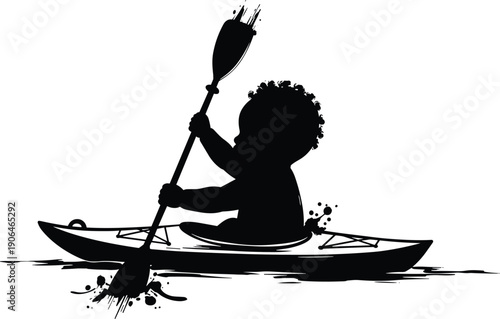 Baby silhouette kayaking illustration, infant outdoor adventure concept, toddler imagination and exploration theme, childhood freedom activity, isolated black child art