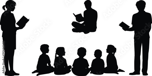 Children and teachers reading books silhouette collection, education learning concept with students sitting and standing isolated on white background