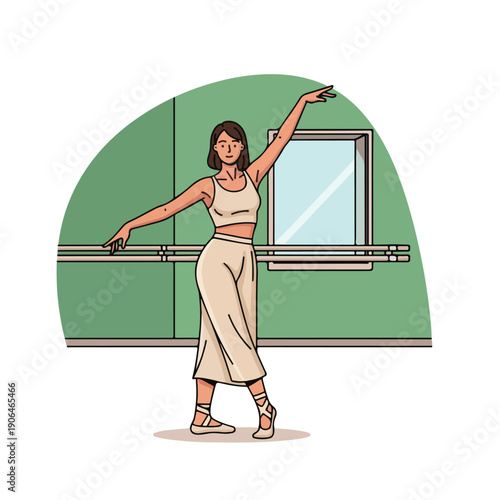 A woman in a beige outfit practices ballet