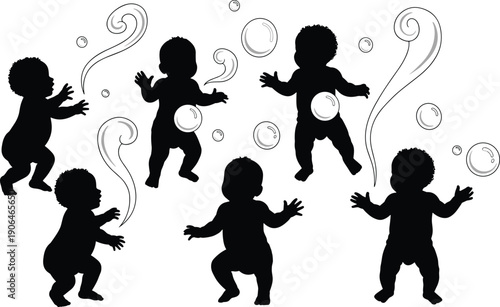 Baby silhouette playing with bubbles, infant movement poses, toddler activity concept, playful childhood illustration, black baby silhouettes isolated on white