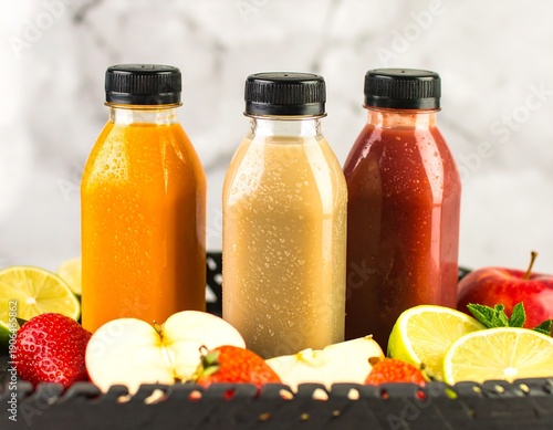 Fresh juice bottles with fruits and healthy ingredients