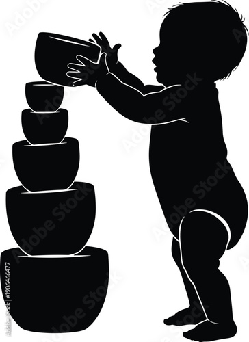 Baby silhouette stacking bowls, infant balance and coordination concept, toddler problem solving activity, early childhood learning through play illustration isolated