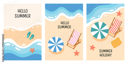 set of summer travel fliers, featuring beach items, waves, and tropical elements, perfect for vacation promotions, posters, banners, vector illustrations, and creative travel design projects.