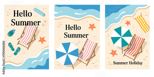 set of summer travel fliers, featuring beach items, waves, and tropical elements, perfect for vacation promotions, posters, banners, vector illustrations, and creative travel design projects.