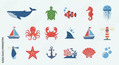 Collection of Marine Life and Nautical Icons.