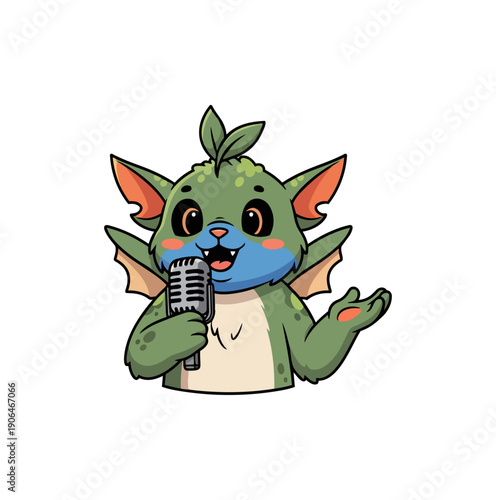 Cartoon dragon singing into microphone isolated on black
