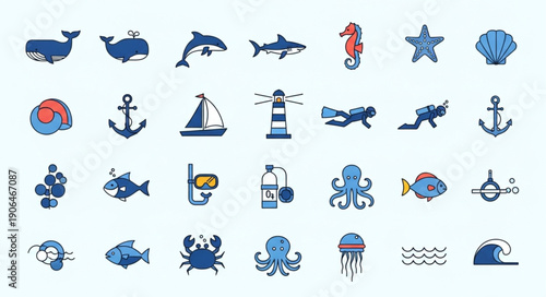 Collection of Marine Life and Nautical Icons.