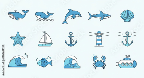 Collection of marine life and nautical icons in blue.
