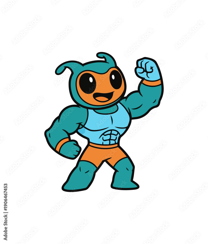 Naklejka premium Cartoon superhero character posing with flexed muscles on black background
