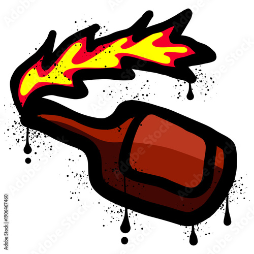 Molotov cocktail graffiti with spray paint and paint splatters.