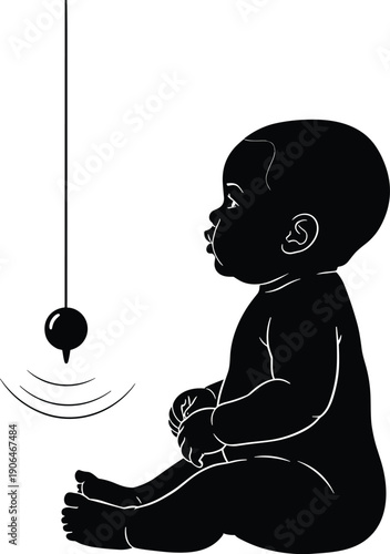 Baby silhouette watching pendulum motion, infant focus and attention concept, toddler cause and effect learning, early childhood cognitive development illustration isolated