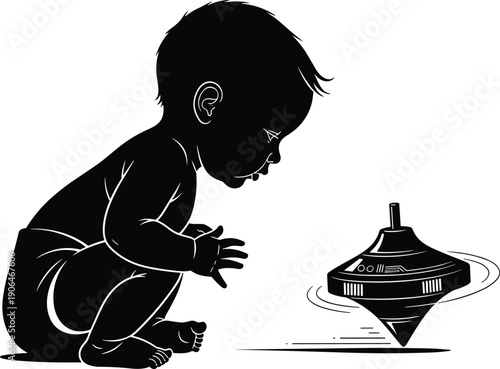 Baby silhouette watching spinning top, infant curiosity and focus concept, toddler learning through play, early childhood cognitive development illustration isolated