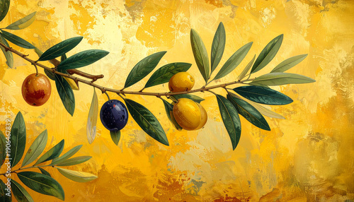 Elegant Mediterranean olive tree branch pattern for textile and wallpaper design.