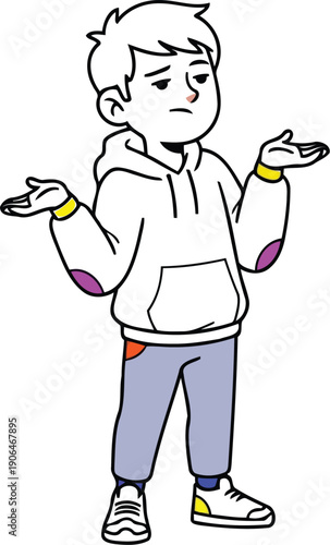 Confused young boy character shrugging shoulders in white hoodie