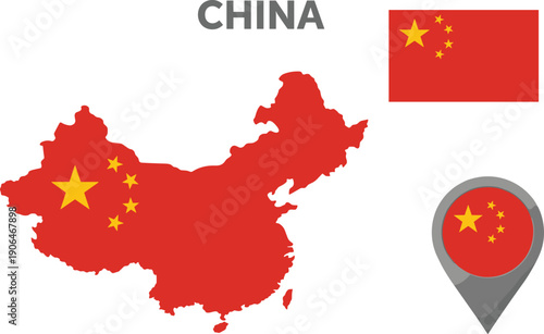 China map illustration with national flag, red country silhouette, geographic location marker, political territory concept, Asian nation infographic design vector