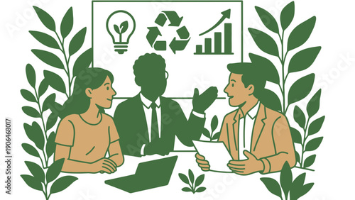 A diverse group of business professionals discussing sustainability in a meeting