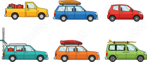 Colorful travel car illustration set, family vacation vehicles with luggage, flat cartoon design, road trip transport icons, isolated white background