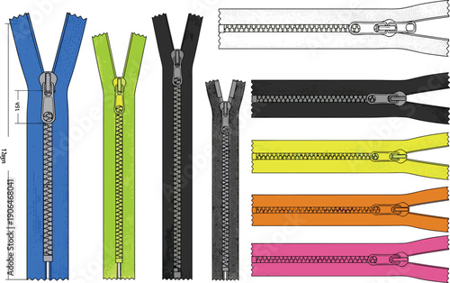 Colorful zipper set illustration, clothing fastener collection, open and closed zipper designs, fashion accessory details, vector technical drawing isolated