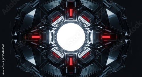 Dark Metallic Sphere With Red Lights And White Center Glowing With Sci Fi Futuristic Energy