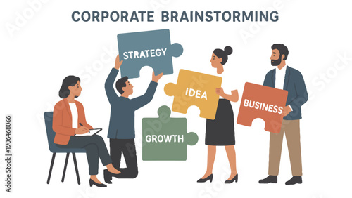 A group of business professionals engaged in corporate brainstorming and strategy planning