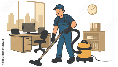 A cartoon janitor cleaning an office with a vacuum cleaner