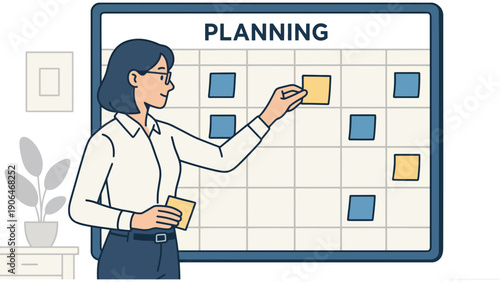 A woman planning and organizing her tasks on a large calendar board