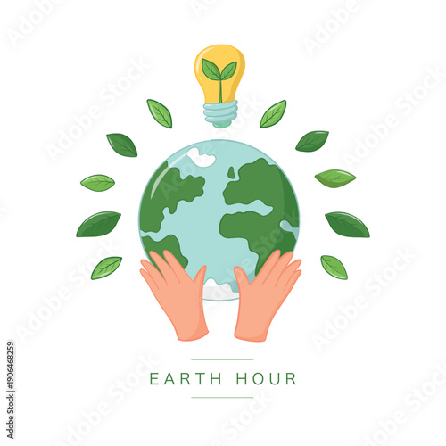 Earth hour poster, banner, print, card, sticker of minimal planet Earth illustration surrounded by green leaves and light bulb with leaves inside. Concept of environmental protection, sustainability