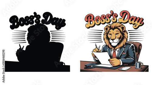 A cartoon lion in a business suit celebrates Boss's Day at his desk