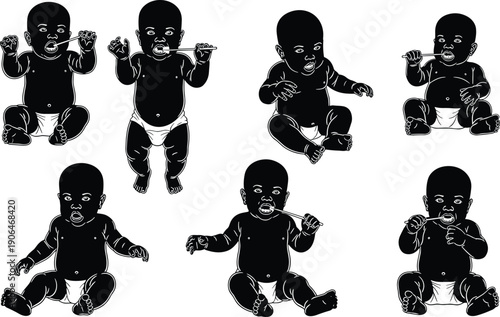 Baby silhouettes chewing and holding objects, teething behavior, sensory exploration, early development stages, infant care, parenting concept illustration