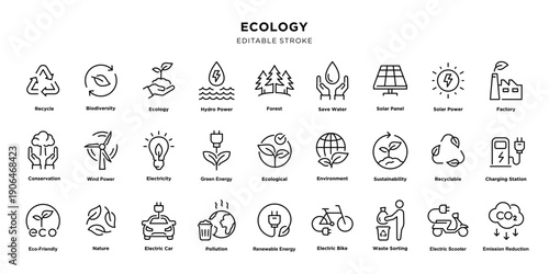 Ecology line icons set with renewable energy and recycling. Editable stroke