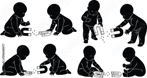 Baby silhouettes exploring magnets and attraction force, curiosity learning, cause and effect, early science education, discovery concept illustration