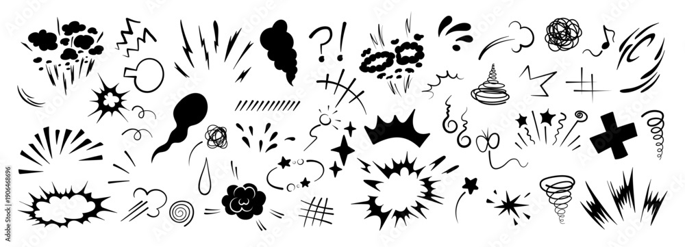 Fototapeta premium Superhero doodle effect, hand-drawn, with dynamic speed lines, a collection of animated cartoon motion elements and an explosive comic burst effect vector illustration.