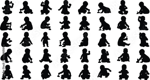 Baby silhouettes exploring objects in seated poses, fine motor skills, curiosity, play behavior, early learning, childhood development concept illustration