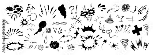 Superhero doodle effect, hand-drawn, with dynamic speed lines, a collection of animated cartoon motion elements and an explosive comic burst effect vector illustration.