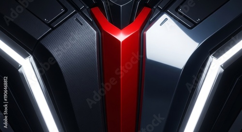 Futuristic Metallic Red and Black Abstract Geometric Design with White Light Accents
