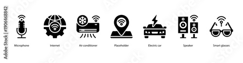 Future Tech Devices web banner illustration featuring Microphone, Internet, Air Conditioner, Placeholder, Electric Car, Speaker, and Smart Glasses.