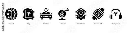 Intelligent Connectivity web banner illustration featuring Internet, Chip, Smart Car, Webcam, Smart Home, Smartwatch, and Headphones.