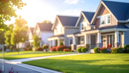 Row of suburban homes with well-kept lawns, bathed in warm sunlight