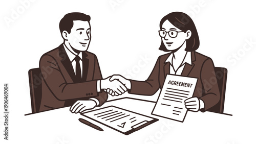 A man and woman shaking hands over a business agreement