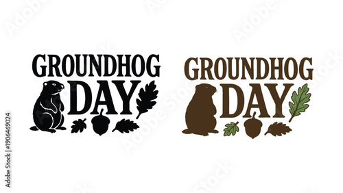 A graphic design featuring Groundhog Day logos with a groundhog and leaves