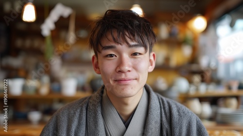 Portrait of a smiling young Japanese man in a traditional garment at a workshop.