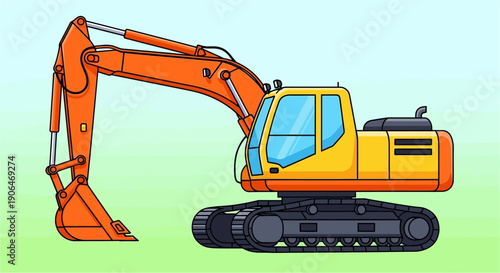 A cartoon illustration of a yellow and orange excavator with a large digging arm and tracks, ready for construction work.